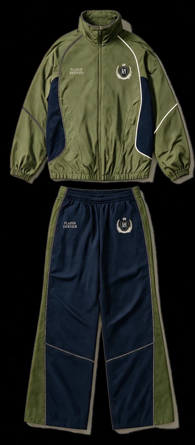 Olive and navy Plaisir Dernier track set, front